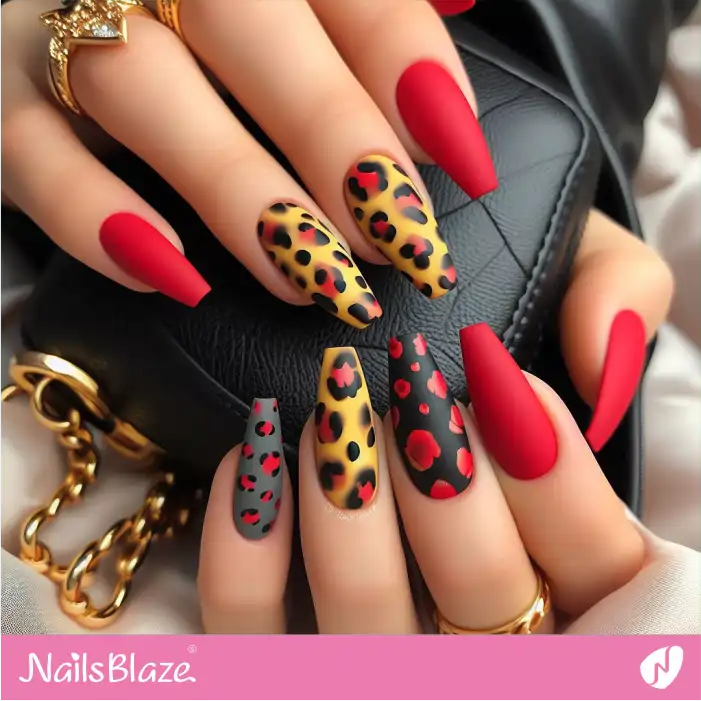 Coffin Red Nails with Leopard Print | Animal Print Nails - NB2579
